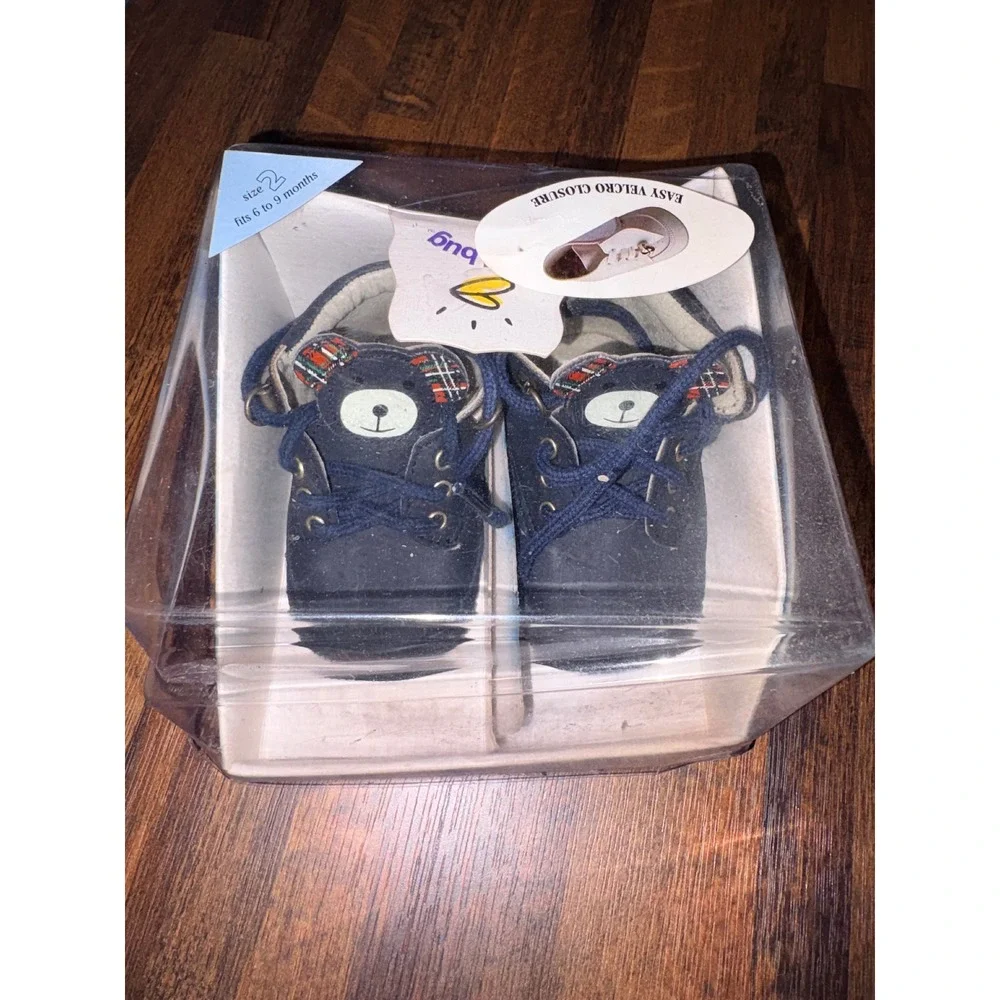 Goldbug Baby Bear Boots Navy Blue Plaid Ears Soft Sole Crib Shoes Size 2 6-9M